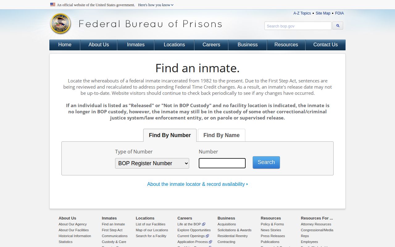 Official Bureau of Prisons Inmate Locator for federal release records