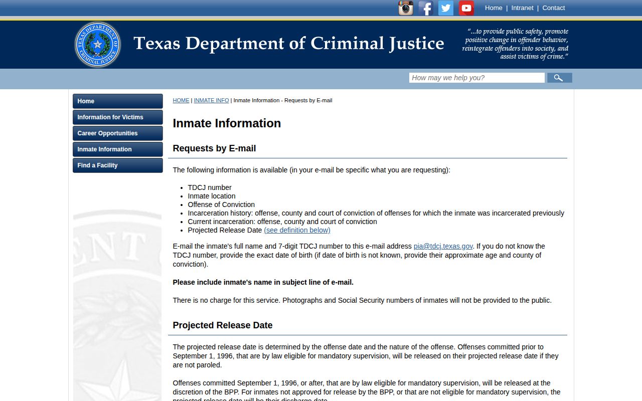 TDCJ email inmate information instructions
