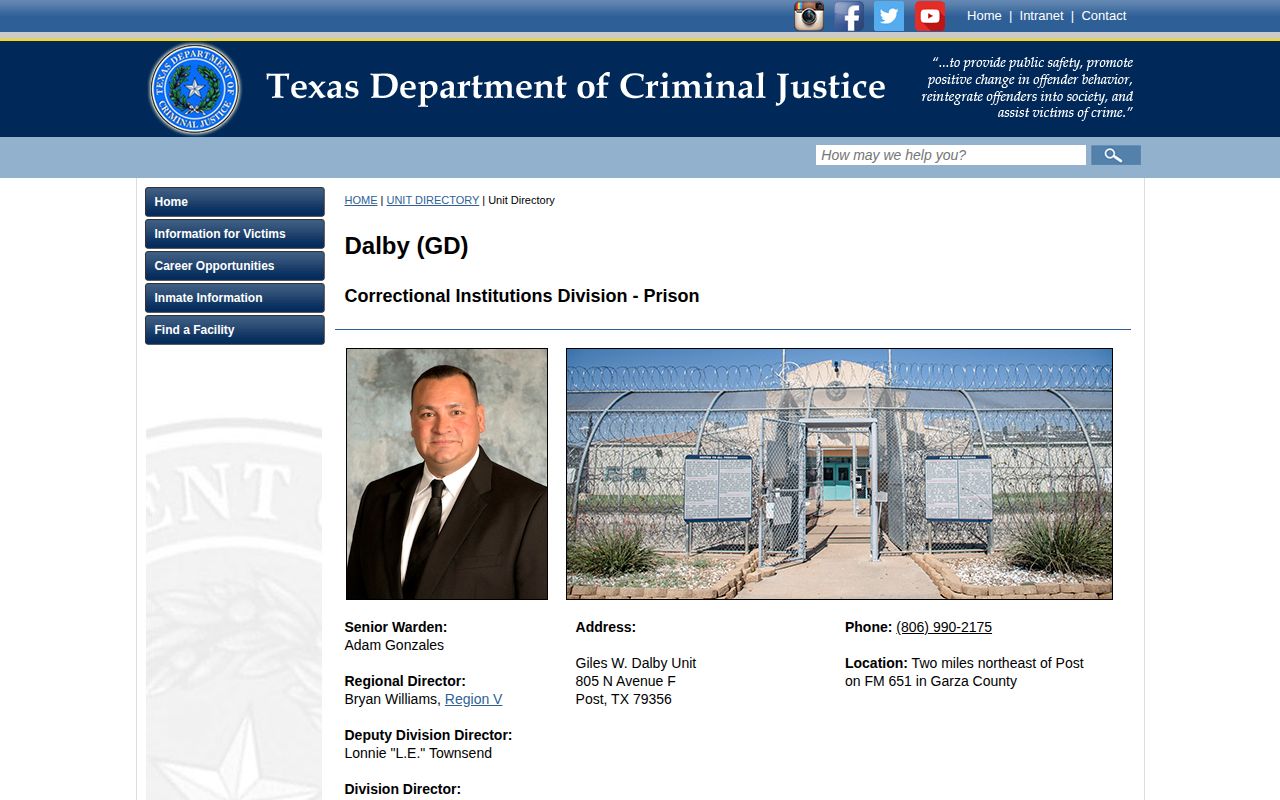 Official TDCJ directory for Giles W. Dalby Unit